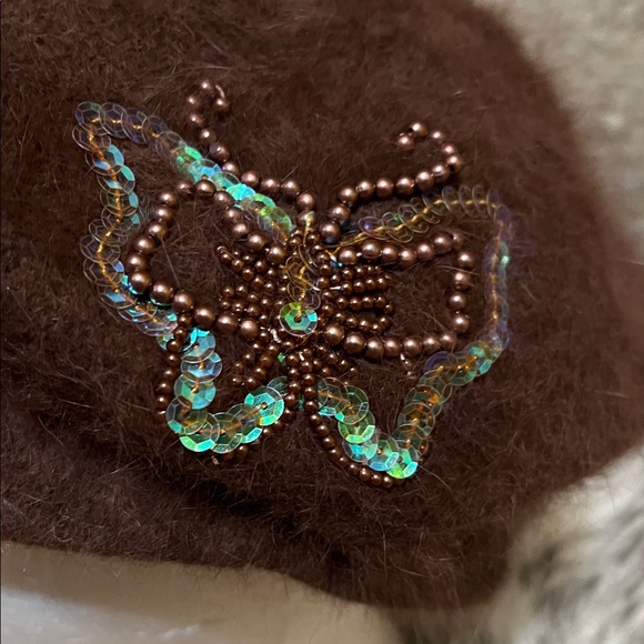Y2K Angora Blend Butterfly Sequin Embellished Brown Hat - Picture 3 of 8